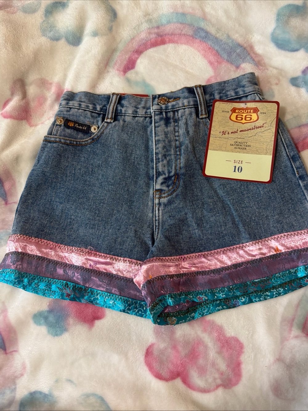Route 66 Blue Denim Shorts with Pink, Purple & Teal Trim